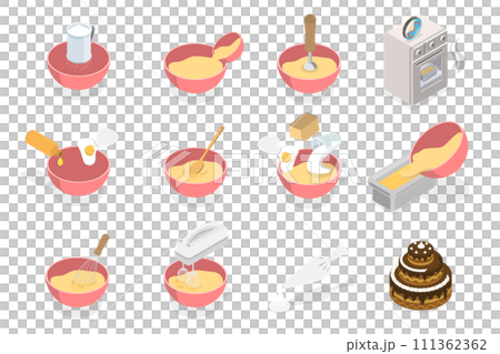 3D Isometric Flat  Conceptual Illustration of Baking Ingredients, Preparing Confectionery, Cakes or Pastries 111362362