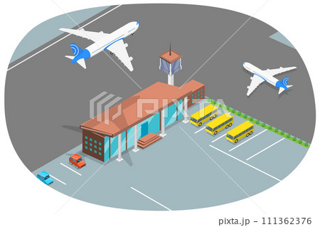 3D Isometric Flat  Conceptual Illustration of Airport Terminal , Jet Transport 111362376