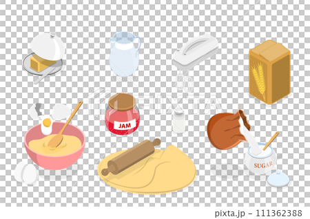 3D Isometric Flat  Conceptual Illustration of Dough Cooking, Preparation Homemade Pastry or Baking 111362388