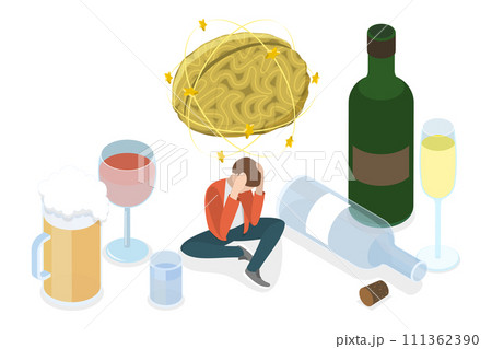 3D Isometric Flat  Conceptual Illustration of Alcohol Addiction Problem, Bad Habits 111362390
