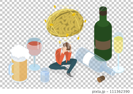 3D Isometric Flat  Conceptual Illustration of Alcohol Addiction Problem, Bad Habits 111362390