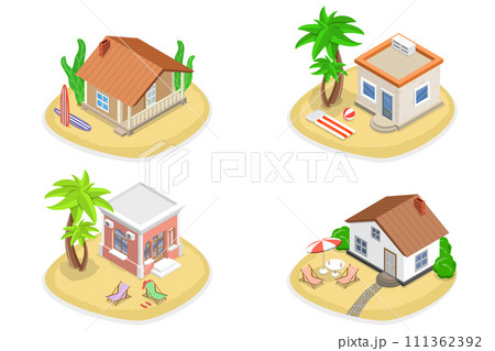 3D Isometric Flat  Set of Bungalows, Dwelling Huts, Tropical Cottages 111362392