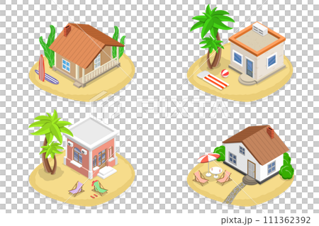 3D Isometric Flat  Set of Bungalows, Dwelling Huts, Tropical Cottages 111362392