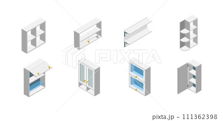 3D Isometric Flat Set of Kitchen Cabinets, Empty Wooden Storages and Shelves 3D Isometric Flat Set of Kitchen Cabinets, Empty Wooden Storages and Shelves 111362398