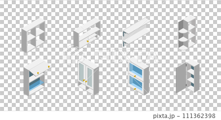3D Isometric Flat Set of Kitchen Cabinets, Empty Wooden Storages and Shelves 3D Isometric Flat Set of Kitchen Cabinets, Empty Wooden Storages and Shelves 111362398