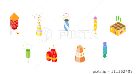 3D Isometric Flat Icon of Firecrackers Set, Collection of Pyrotechnic Equipment for Celebrating Holiday 3D Isometric Flat Icon of Firecrackers Set, Collection of Pyrotechnic Equipment for Celebrating Holiday 111362405