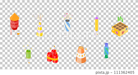 3D Isometric Flat Icon of Firecrackers Set, Collection of Pyrotechnic Equipment for Celebrating Holiday 3D Isometric Flat Icon of Firecrackers Set, Collection of Pyrotechnic Equipment for Celebrating Holiday 111362405