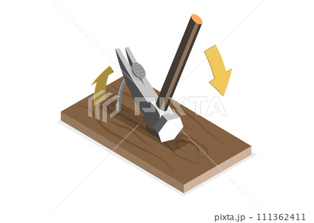 3D Isometric Flat  Conceptual Illustration of Nail Removal, Unscrew Nails From Wood Board 111362411