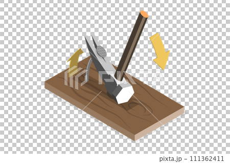 3D Isometric Flat  Conceptual Illustration of Nail Removal, Unscrew Nails From Wood Board 111362411