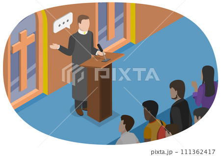 3D Isometric Flat  Conceptual Illustration of Missionary Church, Pastor Conducting a Church Service 111362417