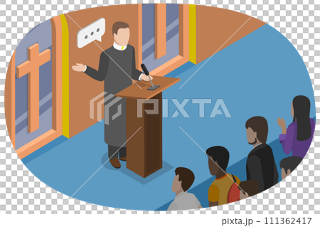 3D Isometric Flat  Conceptual Illustration of Missionary Church, Pastor Conducting a Church Service 111362417