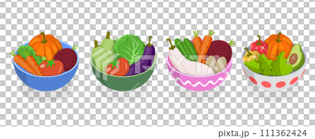 3D Isometric Flat  Icon of Vegetable Bowls Set, Fresh and Healthy Food 111362424