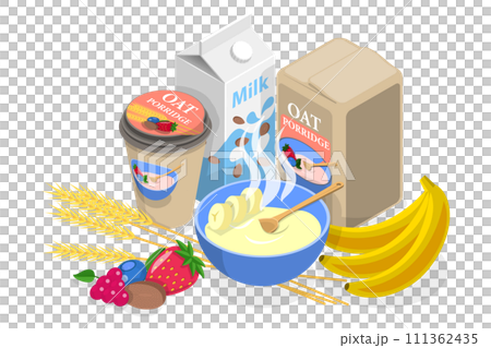 3D Isometric Flat  Conceptual Illustration of Oat Porridge, Healthy Oatmeal Breakfast 111362435