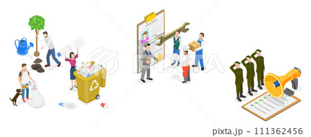 3D Isometric Flat  Conceptual Illustration of Community Service, Voluntary Work, Country Protection, Employment Industry 111362456