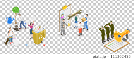 3D Isometric Flat  Conceptual Illustration of Community Service, Voluntary Work, Country Protection, Employment Industry 111362456
