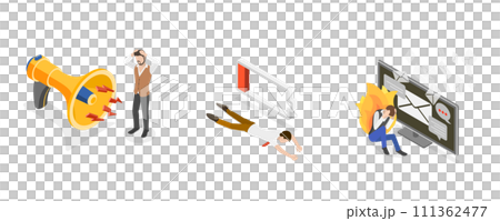 3D Isometric Flat  Conceptual Illustration of Lowering Work Efficiency or Burnout, Overworked Employees 111362477