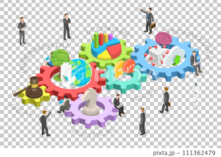 3D Isometric Flat  Conceptual Illustration of PESTEL Analysis Model, Political, Economic, Social, Technological, Environmental and Legal Factors 111362479