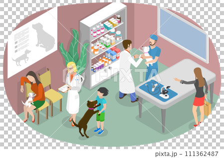 3D Isometric Flat  Conceptual Illustration of Animal Medical Treatment and Vaccination, Pet Veterinarian 111362487