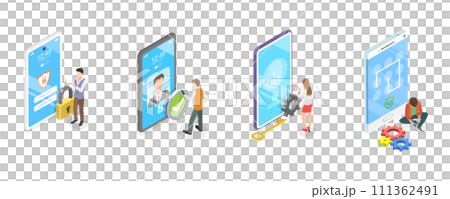 3D Isometric Flat  Conceptual Illustration of Biometrics Identification and Verification, Cyber Security Technologies 111362491