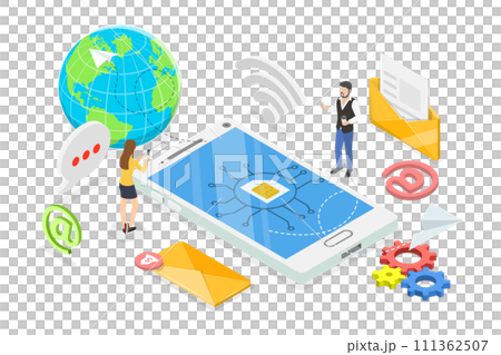 3D Isometric Flat  Conceptual Illustration of eSIM, Mobile Communication Technology 111362507