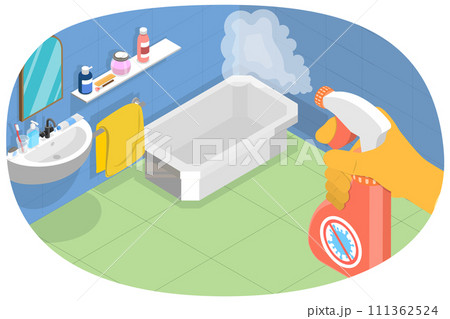 3D Isometric Flat  Conceptual Illustration of Bathroom Disinfectant, Cleaning with Spray Detergent 111362524