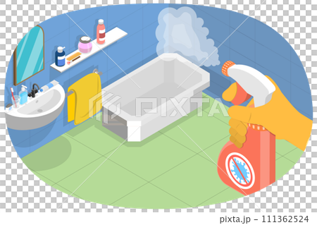 3D Isometric Flat  Conceptual Illustration of Bathroom Disinfectant, Cleaning with Spray Detergent 111362524