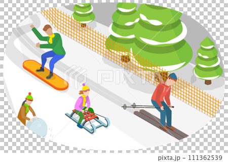 3D Isometric Flat  Conceptual Illustration of Ski Resort, Mountain Ski, Downhill Track 111362539