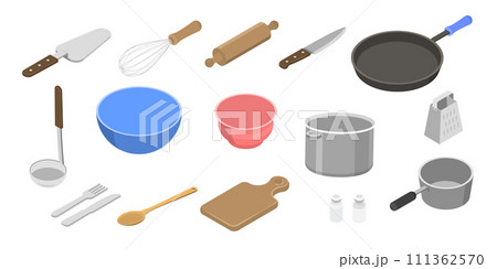 3D Isometric Flat  Set of Kitchen Utensils, Objects for Eating and Food Preparation 111362570