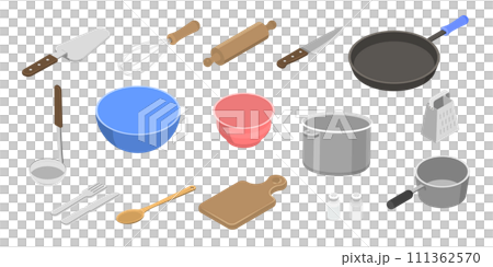 3D Isometric Flat  Set of Kitchen Utensils, Objects for Eating and Food Preparation 111362570