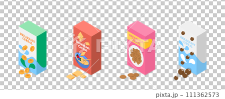 3D Isometric Flat  Set of Breakfast Cereals, Corn Flakes or Porridge Oatmeal 111362573