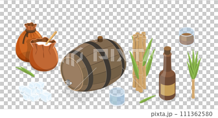 3D Isometric Flat  Set of Rum Products, Alcohol Drink Production 111362580
