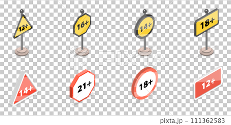 3D Isometric Flat  Set of Sensitive Content Signs, Under Age Content 111362583