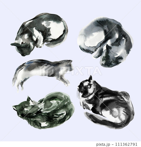 Set of abstract cat sketch, animal print stains, beautiful shapes, pastel color palette. Watercolor illustration of sleeping, lying, playing pet Set of abstract cat sketch, animal print stains, beautiful shapes, pastel color palette. Watercolor illustration of sleeping, lying, playing pet 111362791