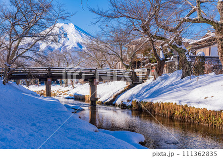 (山梨県)忍野の新名庄川と富士山・雪景色 (山梨県)忍野の新名庄川と富士山・雪景色 111362835