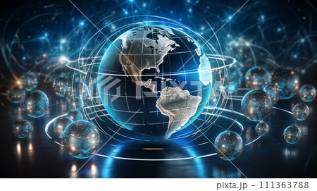 Best Internet Concept of global business. Globe, glowing lines on technological background. Wi-Fi, rays, symbols Internet, 3D illustration Best Internet Concept of global business. Globe, glowing lines on technological background. Wi-Fi, rays, symbols Internet, 3D illustration 111363788
