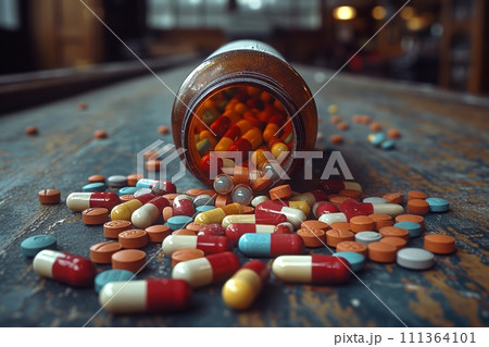 散らばる錠剤: 薬物乱用の社会問題を象徴するイメージ AI生成 2 散らばる錠剤: 薬物乱用の社会問題を象徴するイメージ AI生成 2 111364101