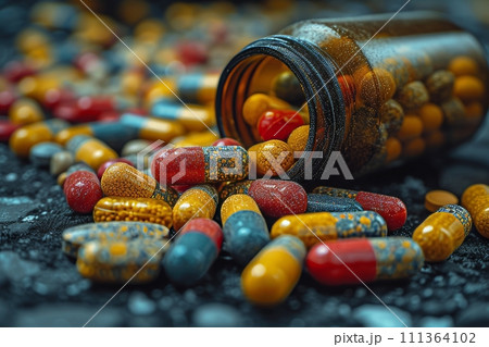 散らばる錠剤: 薬物乱用の社会問題を象徴するイメージ AI生成 3 散らばる錠剤: 薬物乱用の社会問題を象徴するイメージ AI生成 3 111364102