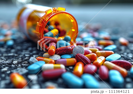 散らばる錠剤: 薬物乱用の社会問題を象徴するイメージ AI生成 22 散らばる錠剤: 薬物乱用の社会問題を象徴するイメージ AI生成 22 111364121