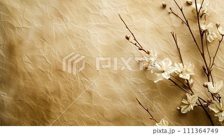 白塗りの木材に広がる春の柔らかな桜の花びら。リラックスした日本・ハーモニーのイメージ。 111364749