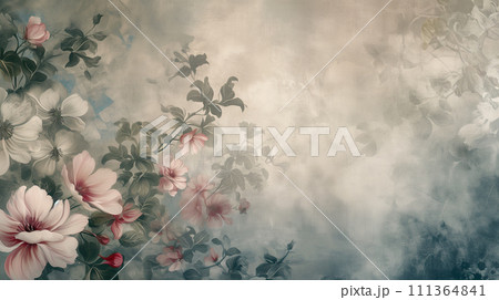 鮮やかな赤い花と緑豊かなヴィンテージイラスト。PPTやホームページの背景。 鮮やかな赤い花と緑豊かなヴィンテージイラスト。PPTやホームページの背景。 111364841