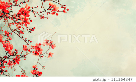 鮮やかな赤い花と緑豊かなヴィンテージイラスト。PPTやホームページの背景。 鮮やかな赤い花と緑豊かなヴィンテージイラスト。PPTやホームページの背景。 111364847