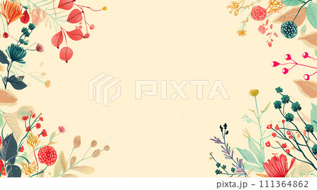 鮮やかな赤い花と緑豊かなヴィンテージイラスト。PPTやホームページの背景。 111364862