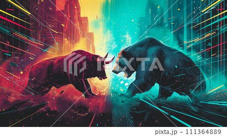 株式市場の取引チャートにおけるデジタル化された強気と弱気の対立。株式市場での取引、経済成長のイメージ 111364889