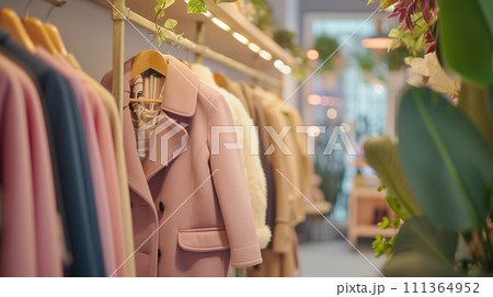 高級アパレルショップに陳列された豪華な衣装。お金持ちの生活。リラックスしたライフスタイル。 111364952
