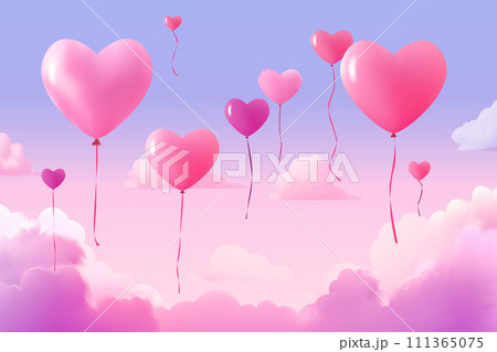 pink air balloons in heart shape flying in sky happy valentine day greeting card shopping poster or voucher holiday celebration 111365075