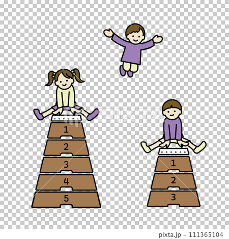 Illustration of children jumping on a vaulting box 111365104