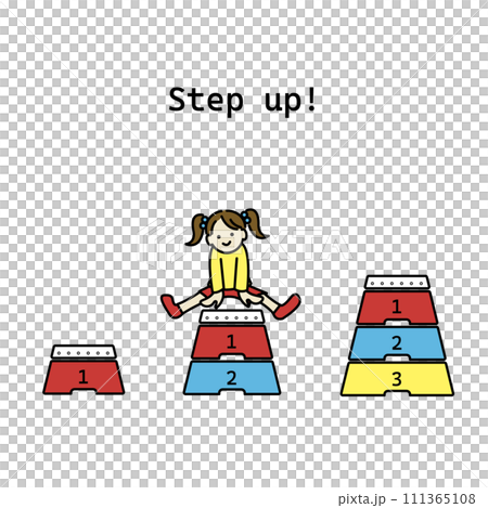 Illustration of a cheerful child jumping on a vaulting box Colorful line drawing Illustration of a cheerful child jumping on a vaulting box Colorful line drawing 111365108