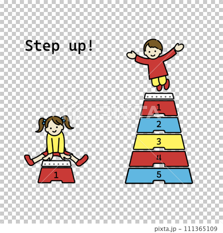 Illustration of a cheerful child jumping on a vaulting box Colorful line drawing 111365109