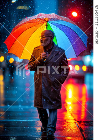 African American senior man walking in the rain with his umbrella 111365426