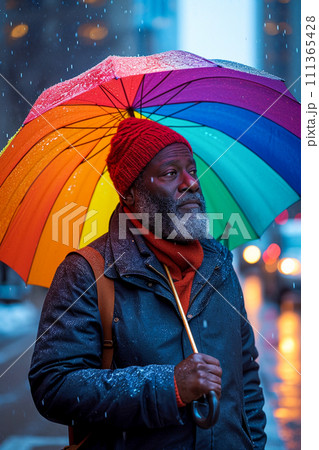 African American senior man walking in the rain with his umbrella 111365428